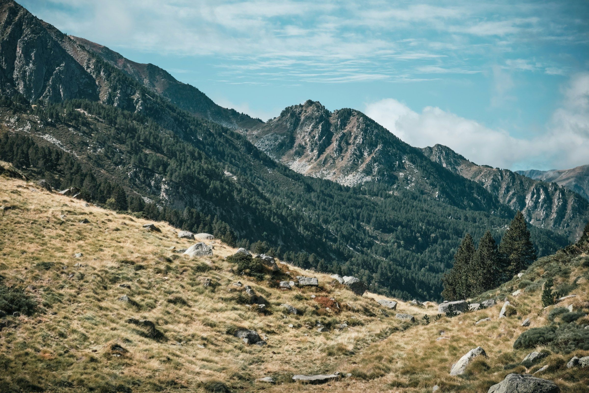 Versants herbeux et crêtes rocheuses des Pyrénées, nuages accrochés aux sommets